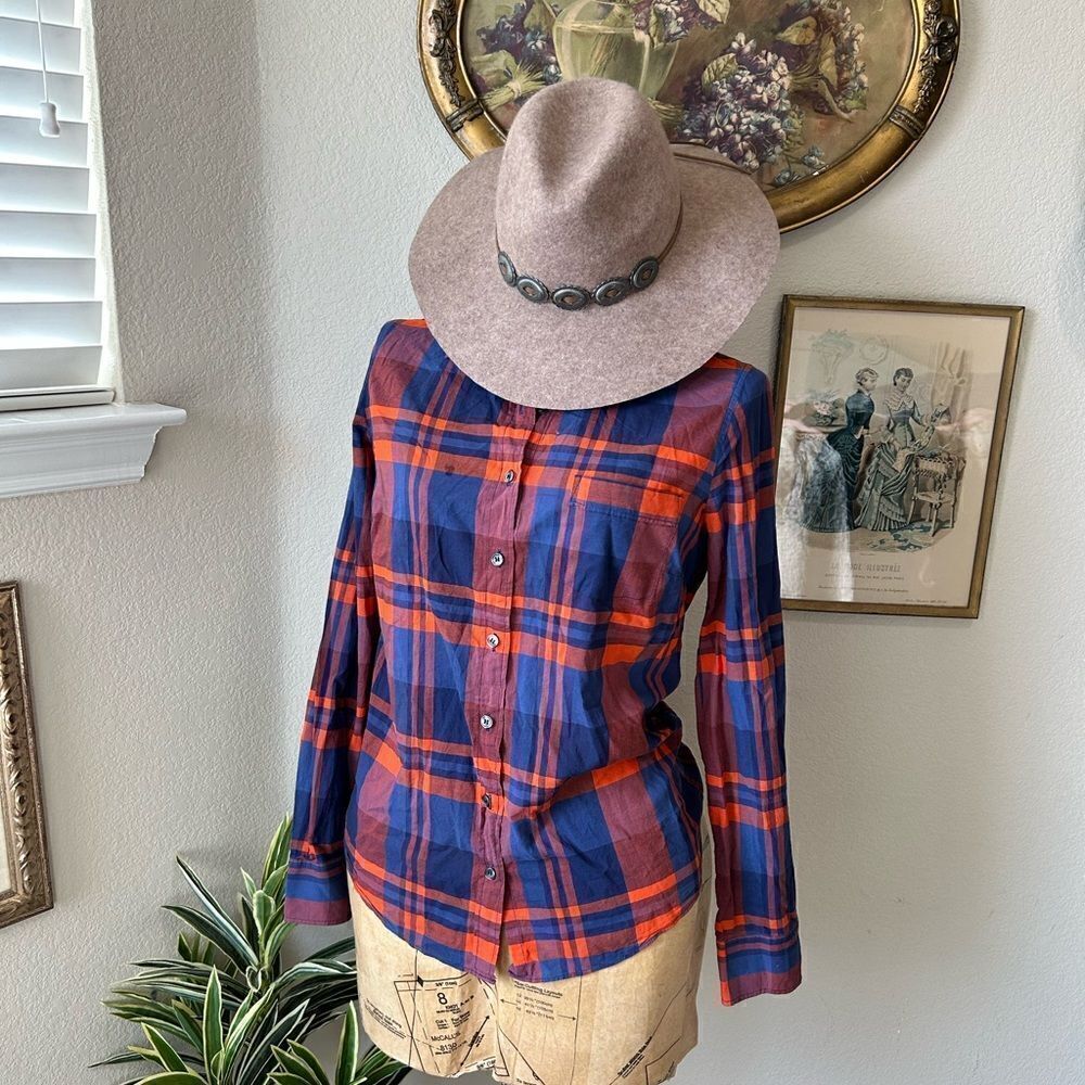 J Crew Red Blue Plaid Button Up Blouse sz S